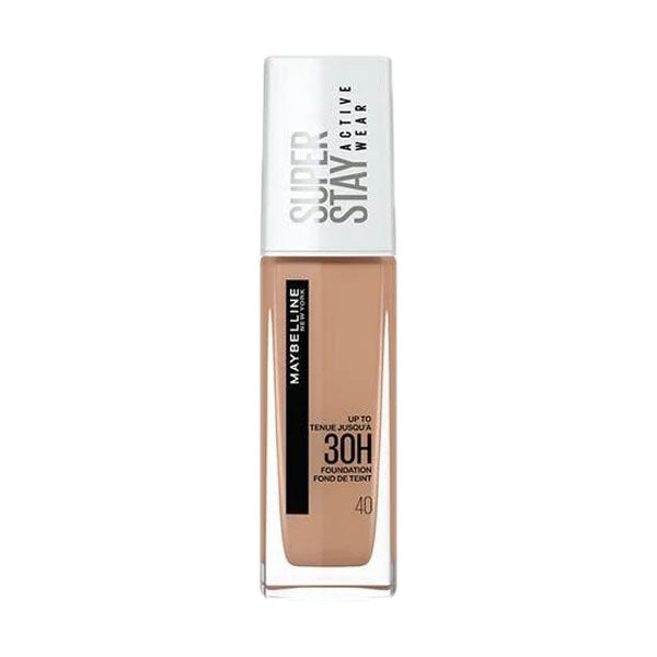 Fondotinta liquido Maybelline Super Stay 30H Fawn 40 in confezione trasparente, coprenza alta, formula leggera, ideale per pelle impeccabile, resistente fino a 30 ore.