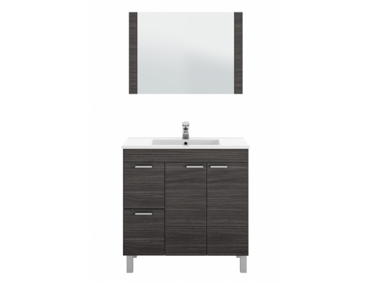 Set di mobili bagno grigio ceniza 80x45x80 cm con specchio rettangolare, struttura solida e lavello in ceramica, perfetto per organizzazione bagno.
