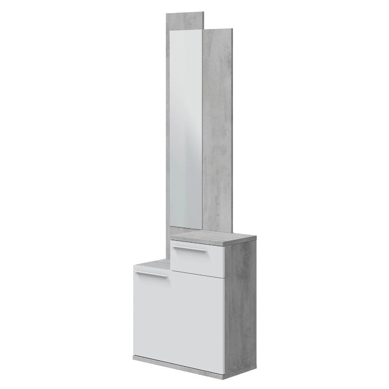 Mobile Ingresso Scarpiera Caren con Specchio 61x28x185h in Cemento e Bianco Artik Cassapanche e panche per ingressi Hobby Shop Solution