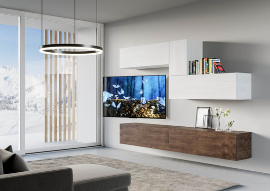 Parete attrezzata Isoka A04 installata in soggiorno moderno con vista panoramica, moduli bianchi e base legno L.268 P.39,2, stile e funzionalità.