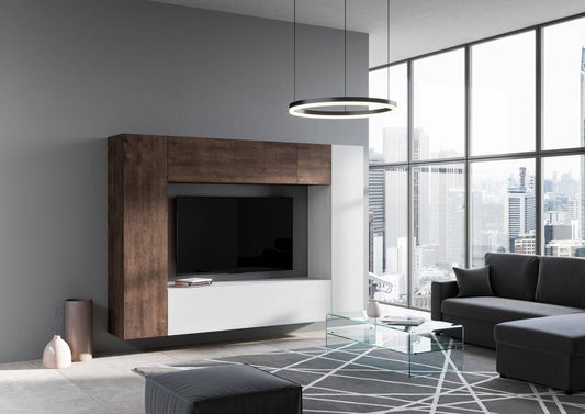 Parete Soggiorno Modulare Isoka A06 installata in salotto moderno con vista panoramica, ideale per TV e oggetti decorativi.