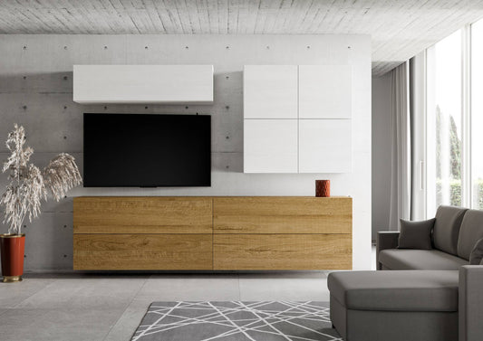 Parete attrezzata A103 con moduli sospesi bianchi e base in legno chiaro, perfetta per soggiorni moderni e ottimizzazione dello spazio.