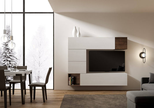 Parete Attrezzata Soggiorno Isoka A11 installata in salotto moderno, con TV integrata e vani contenitori eleganti in bianco e legno scuro.