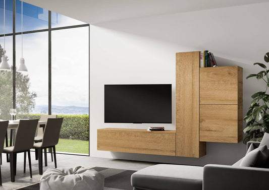 Composizione parete soggiorno A112 installata in salotto moderno, con TV e libreria, perfetta per ambienti eleganti e contemporanei.
