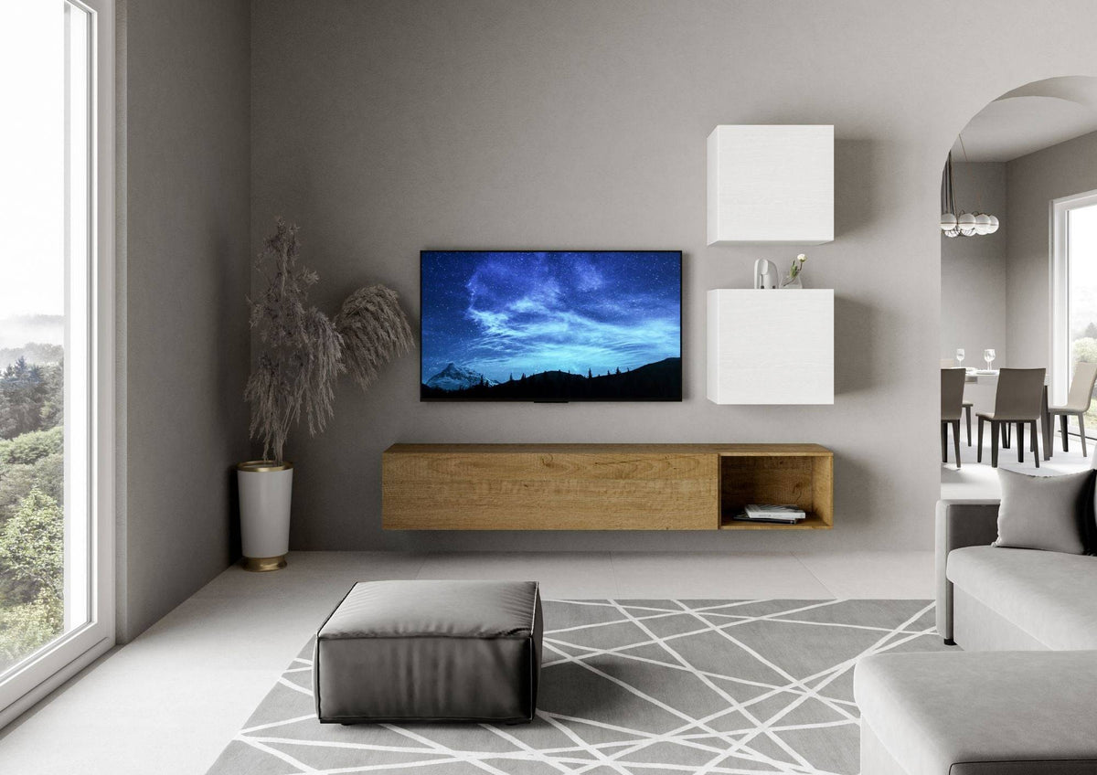 Composizione parete soggiorno A115 L.234 P.39,2 installata in salotto moderno, base sospesa in legno e pensili bianchi, stile elegante e funzionale.