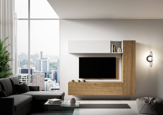 Parete attrezzata Isoka A14 montata in soggiorno moderno con TV, finitura legno e bianco, ideale per arredamento funzionale e personalizzabile.