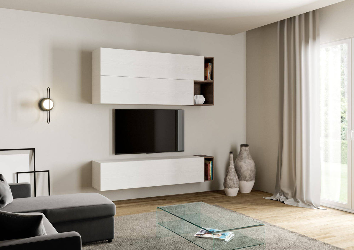 Parete attrezzata A30 L.194 P.39,2 montata in soggiorno moderno, con moduli sospesi bianchi e inserti in legno, perfetta per TV e libri.