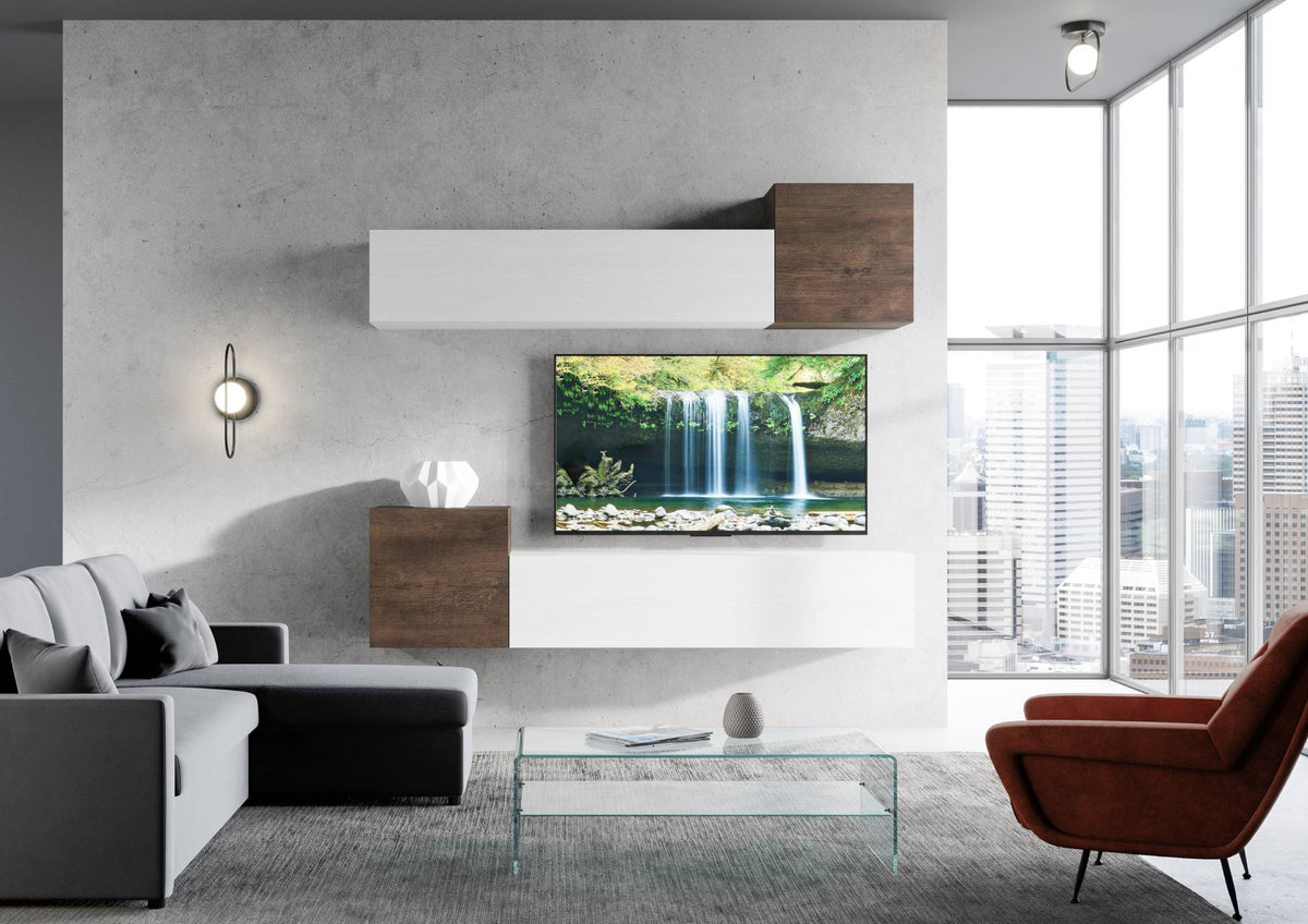 Composizione parete soggiorno A37 L.234 P.39,2 installata in salotto moderno con TV, design elegante e funzionale in bianco e rovere.