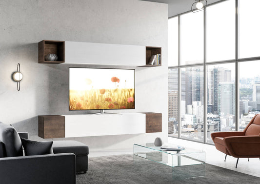 Composizione parete soggiorno A38 L.254 P.39,2 installata in salotto moderno con TV, design elegante e funzionale per ambienti contemporanei.