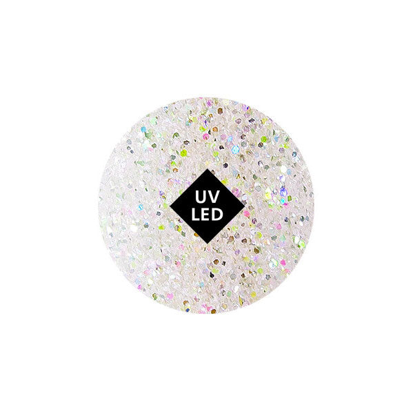 Confetti glitterato bianco con etichetta UV LED, decorativo per applicazioni di gel UV colorato per unghie, effetto luminoso e brillante.