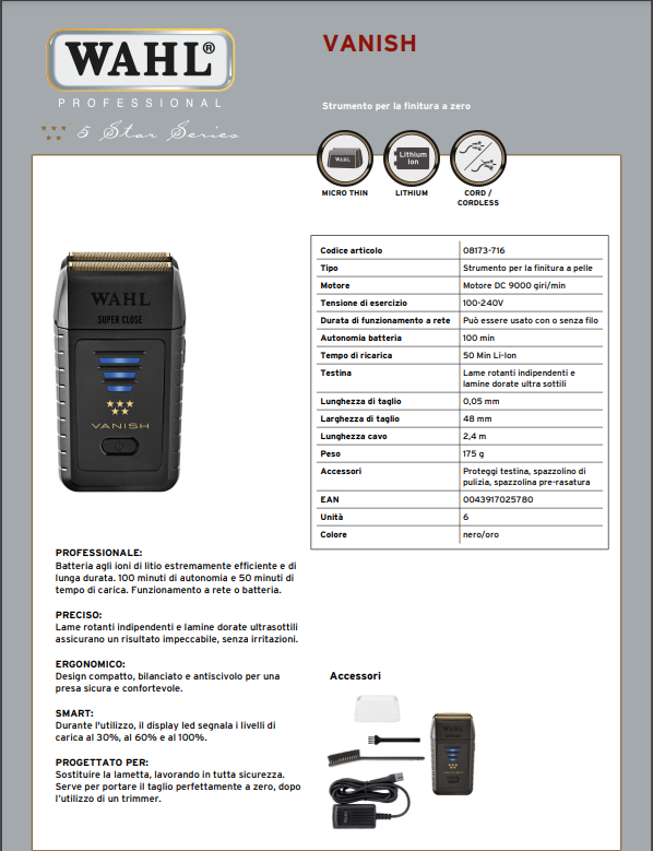 WAHL TAGLIACAPELLI VANISH RASOIO ELETTRICO FINITURA