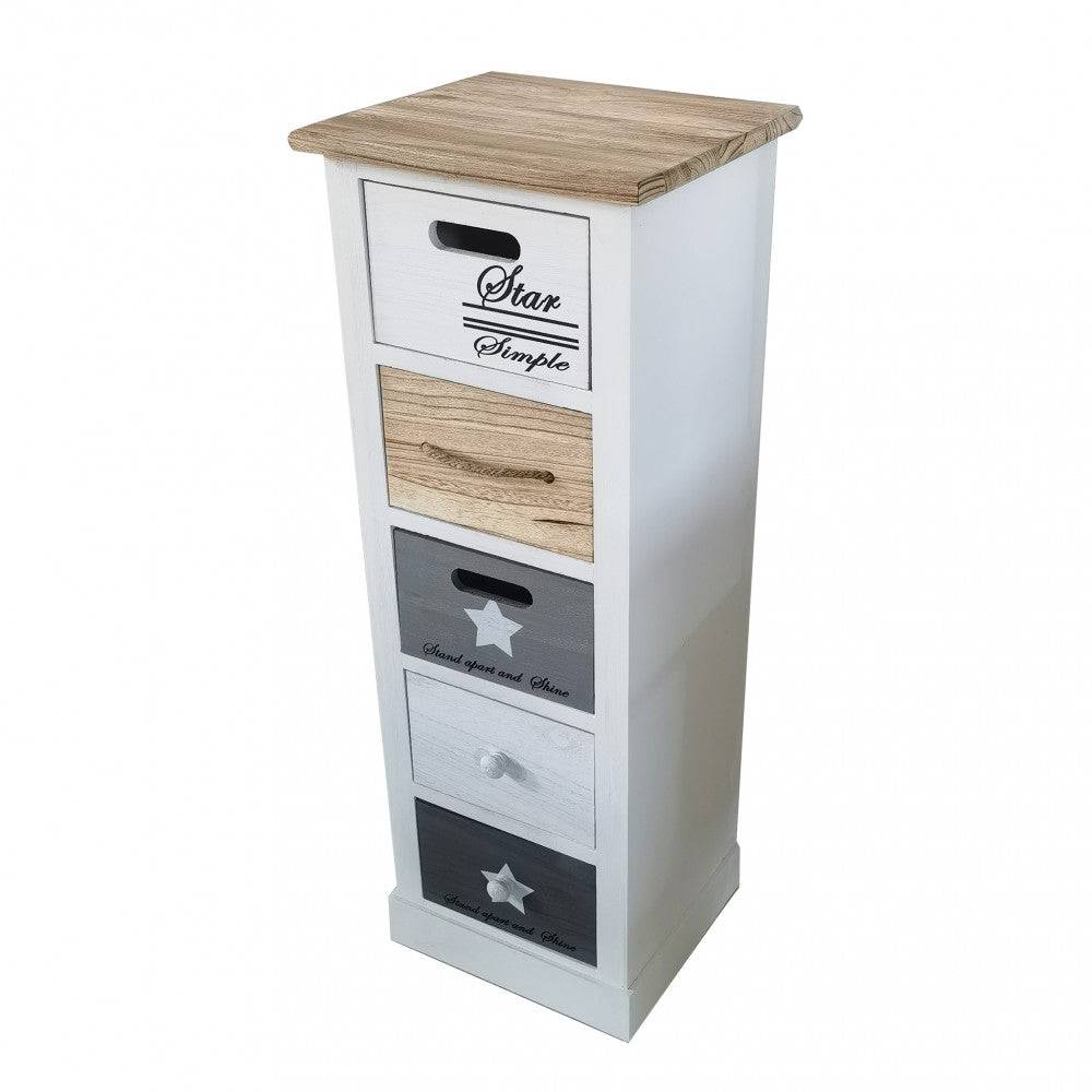 Mobiletto 5 cassetti in legno con finiture marrone chiaro e bianco, design decorativo con scritte e stelle, ideale per arredo funzionale