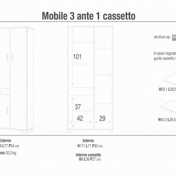 Schema tecnico del Mobile 3 ante 1 cassetto bianco fiammato 77x34x178 cm con misure interne, ripiani regolabili e struttura in MDF sp. 16 mm.