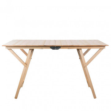 Vista frontale del tavolo doppio in legno di faggio 70 x 140 cm, colore naturale, perfetto per arredamento da giardino.