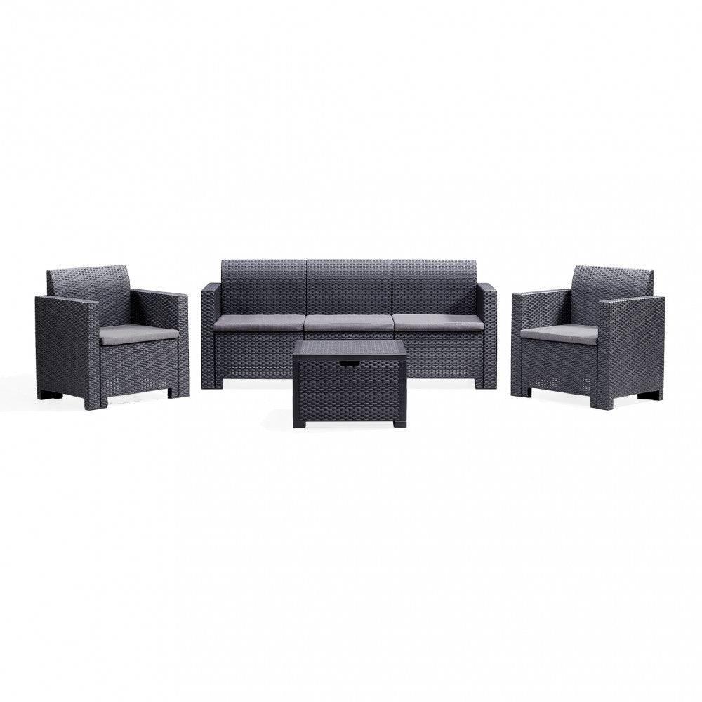 Set di salotto in polipropilene nero con divano a tre posti, due poltrone e tavolino, ideale per esterni, con cuscini grigi, SKU: WI806952-NERO