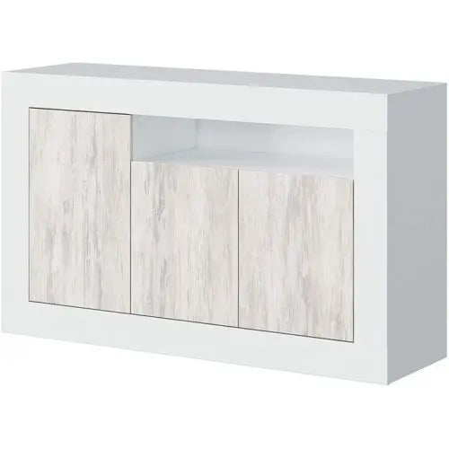 Credenza 3 ante bianco anticato con finitura in bianco Artik e ripiani interni, ideale per arredare con eleganza e funzionalità. Dimensioni 144x42x87 cm.