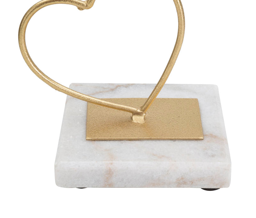 Portacandele a Cuore in Metallo Dorato con Base in Marmo - 14,5x10x32,5 cm