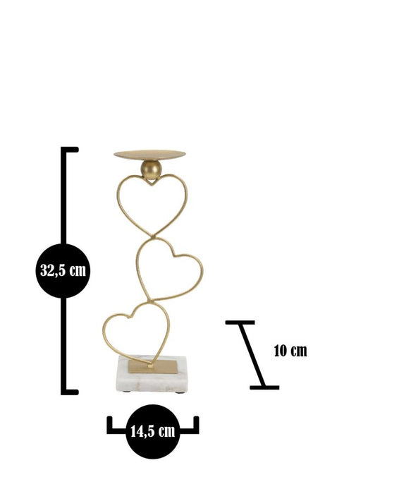 Portacandele a Cuore in Metallo Dorato con Base in Marmo - 14,5x10x32,5 cm