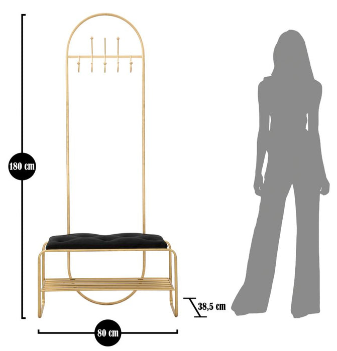 Panca multifunzionale in metallo dorato con appendiabiti e ripiano per scarpe cm 80x38,5x180