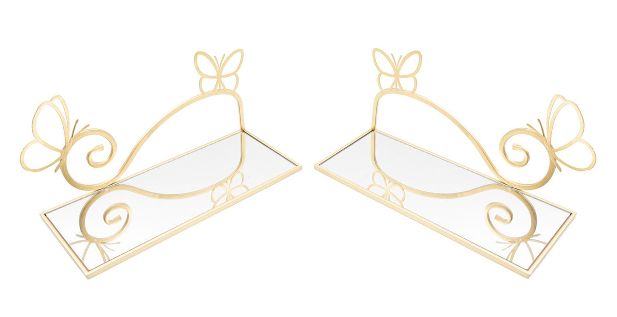 Mensole Butterfly in Metallo Dorato con Ripiano in Vetro a Specchio - Coppia Elegante cm 41,5x18x21
