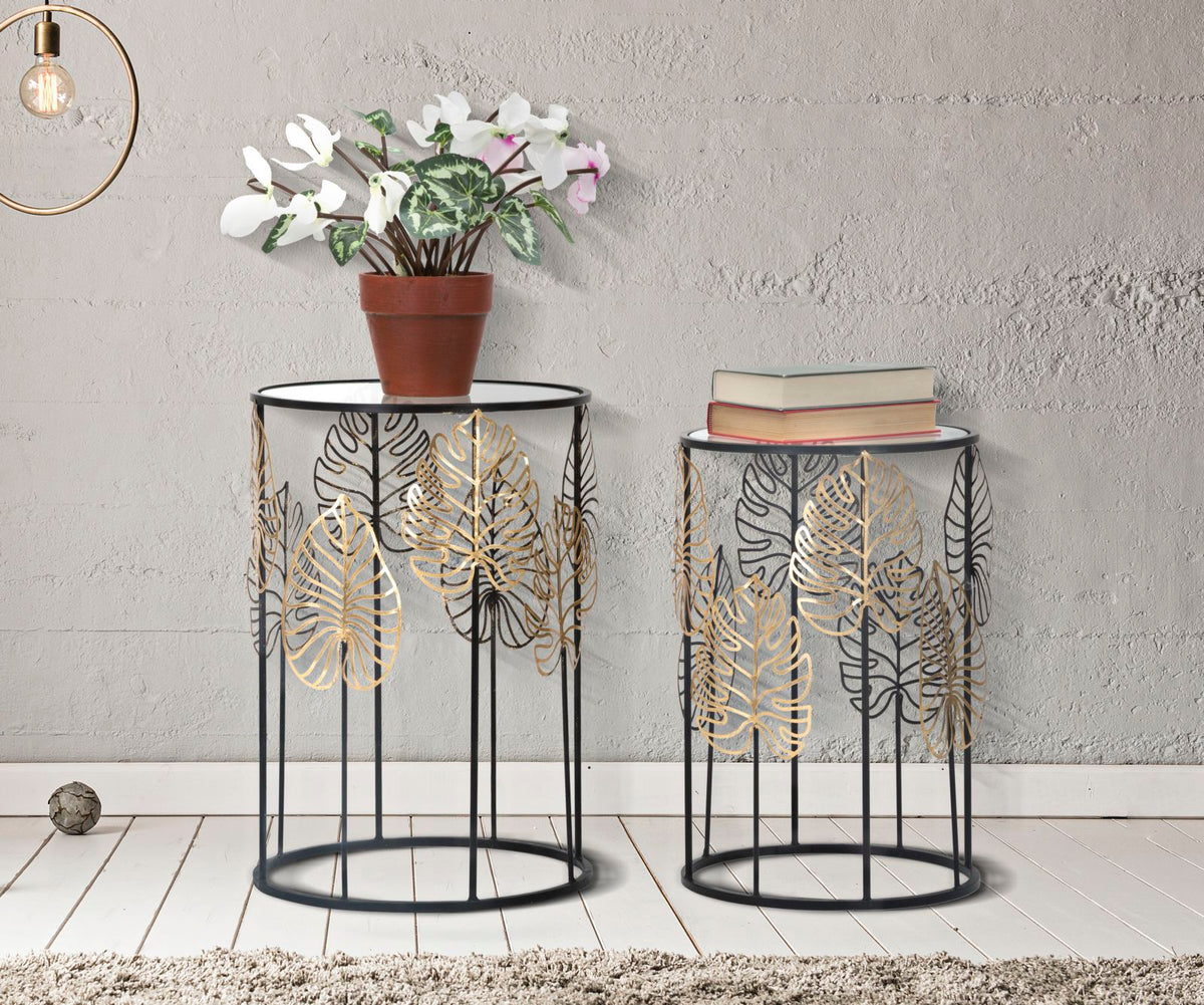 Tavolini Glam con Foglie Eleganti - Set di 2 cm ø 38x55-33x50