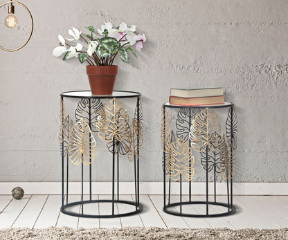 Tavolini Glam con Foglie Eleganti - Set di 2 cm ø 38x55-33x50