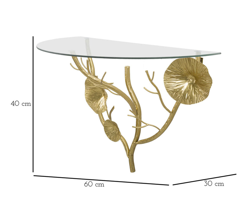 Comodino Semicircolare Tisty in Metallo Dorato con Piano in Vetro 60x30x40 cm
