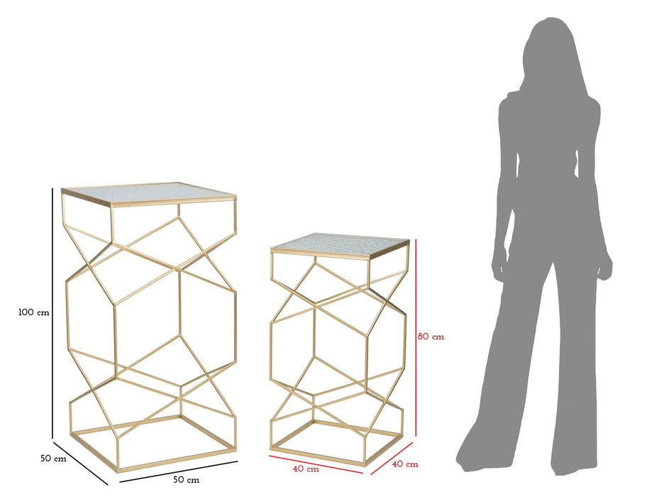 Coppia di tavolini porta telefono in vetro con struttura dorata - Dimensioni 50x50x100 cm e 40x40x80 cm