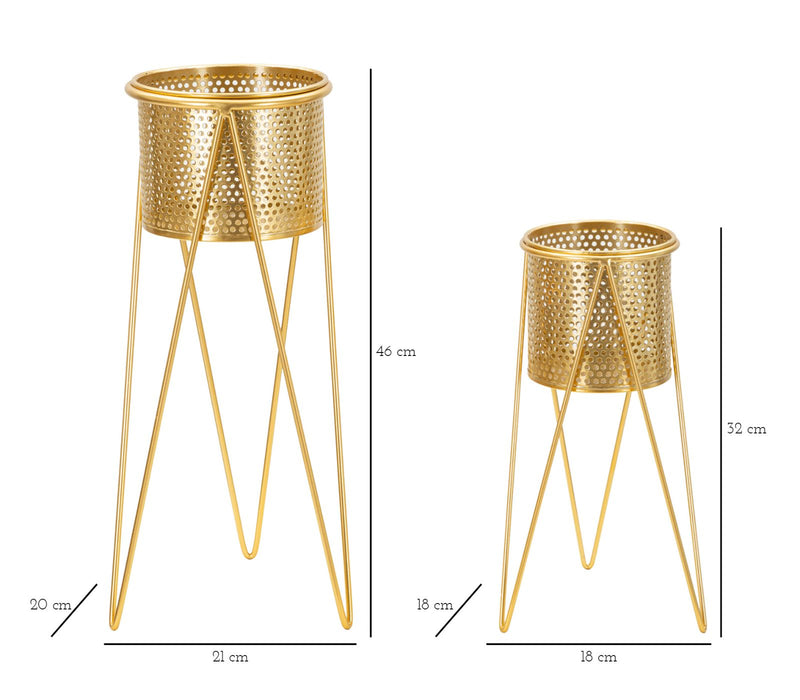 Coppia di Portavasi Eleganti in Metallo Dorato cm 21x20x46 e 18x18x32