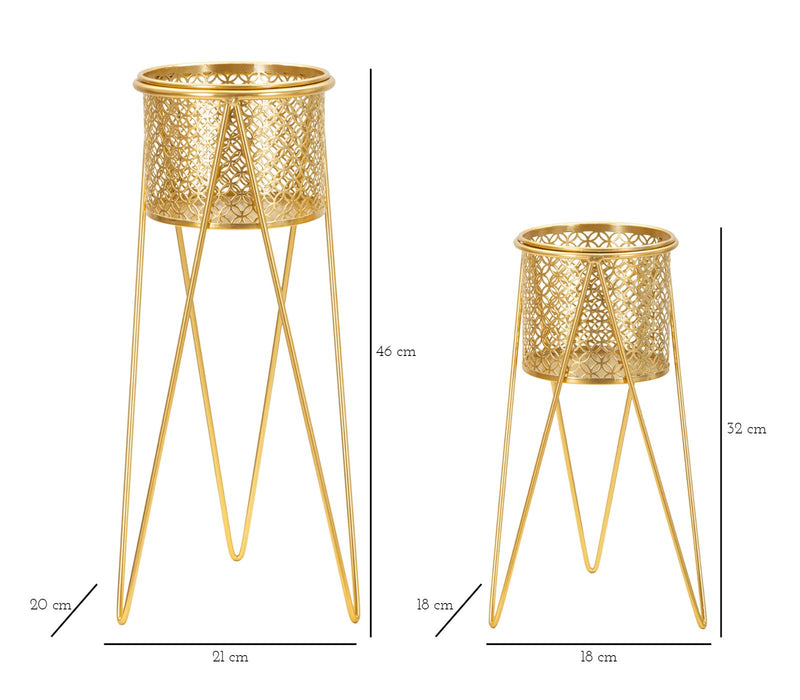 Coppia di Vasi Eleganti in Metallo con Supporto Dorato cm 21x20x46 e 18x18x32