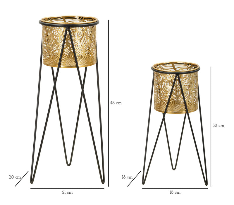 Coppia di Portavasi Drak Eleganza in Metallo Dorato cm 21x20x46 e 18x18x32