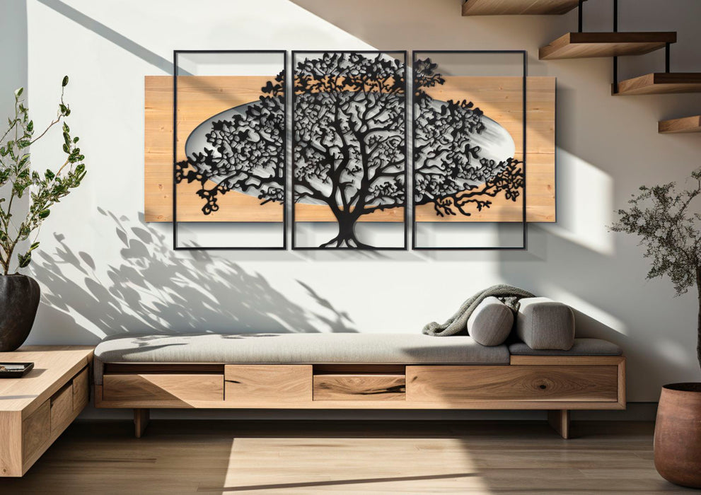 Set di Pannelli Decorativi 3D in Ferro e Legno - Albero Maestoso per Muri 176x2x90 cm