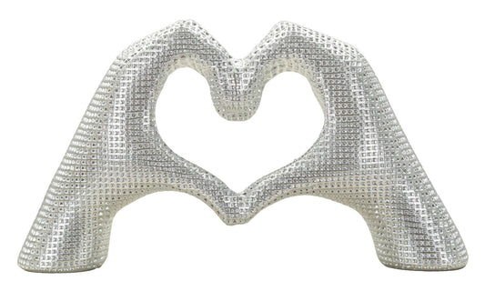 Scultura Lover Silver Cm 25X7,5X13,5 in resina argentata con mani intrecciate a formare un cuore, decorazione elegante per interni moderni.