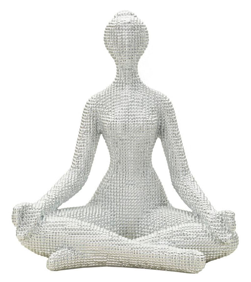 Statua Donnina Yoga Silver 20,5x15,5x23 cm in resina decorativa con finitura brillante, ideale per arredamento zen moderno.
