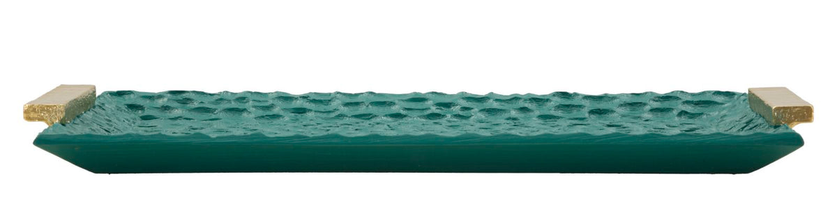 Vassoio decorativo Grent basso e rettangolare con texture martellata verde e dettagli dorati, perfetto per ingresso o salotto.