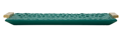 Vassoio decorativo Grent basso e rettangolare con texture martellata verde e dettagli dorati, perfetto per ingresso o salotto.