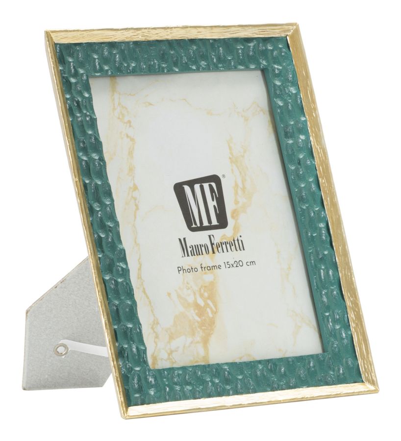 Cornice Grent 20,3x2x25,3 cm con bordo dorato e texture verde, misura interna 15x20 cm, fotocornice elegante Mauro Ferretti