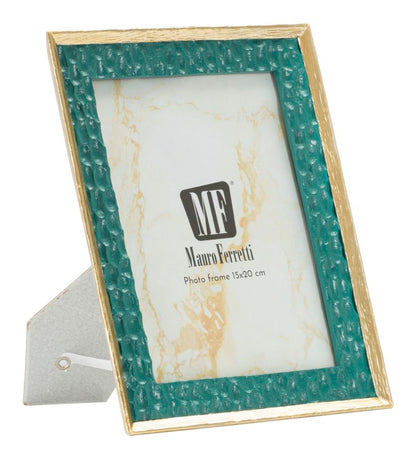 Cornice Grent 20,3x2x25,3 cm con bordo dorato e texture verde, misura interna 15x20 cm, fotocornice elegante Mauro Ferretti