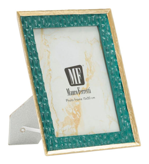 Cornice Grent 20,3x2x25,3 cm con bordo dorato e texture verde, misura interna 15x20 cm, fotocornice elegante Mauro Ferretti