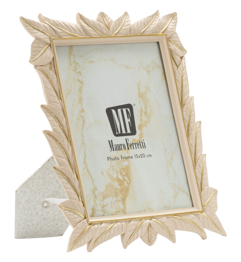 Cornice Leaffy 21,2X1,7X26,8 elegante con decoro a foglie dorate, misura interna 15x20 cm, ideale per foto verticali su superfici piane.