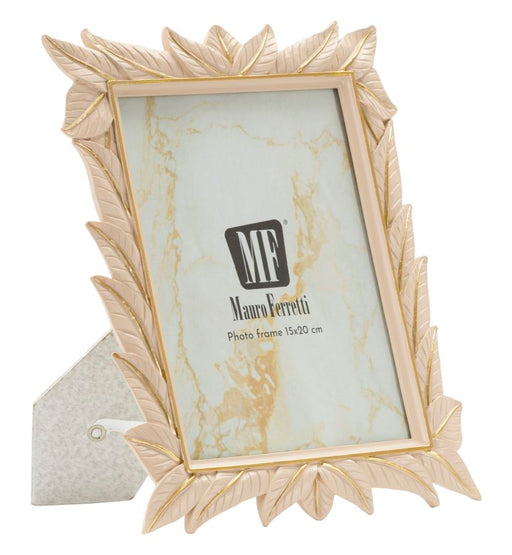 Cornice Leaffy 21,2X1,7X26,8 elegante con decoro a foglie dorate, misura interna 15x20 cm, ideale per foto verticali su superfici piane.