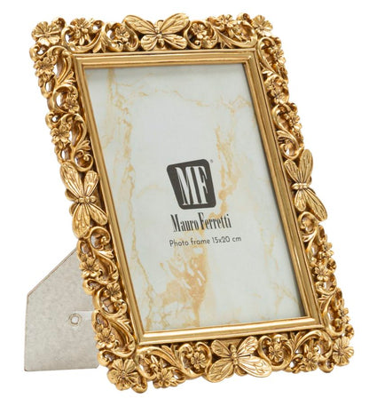Cornice classica 22x27 cm Mauro Ferretti in stile barocco dorato con decori floreali e farfalle, ideale per foto 15x20 cm.