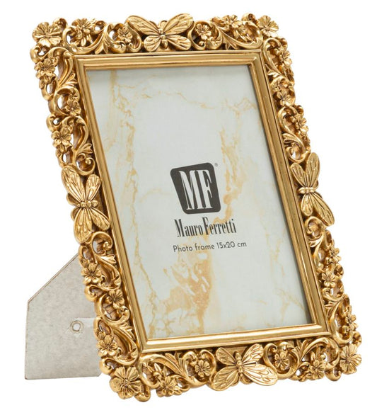 Cornice classica 22x27 cm Mauro Ferretti in stile barocco dorato con decori floreali e farfalle, ideale per foto 15x20 cm.