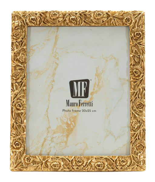 Cornice foto elegante Poppy verticale con dettagli floreali dorati, misura interna 20x25 cm. Design sofisticato per arredamento di classe.
