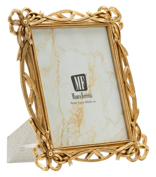 Cornice Knot misura interna 20x25 cm in stile elegante con intreccio dorato, ideale per foto da tavolo, dimensioni totali 29x2,4x33,6 cm.