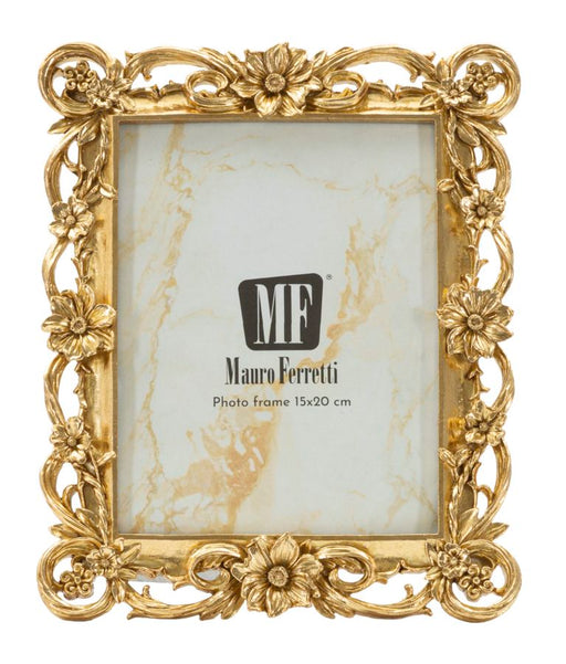 Cornice classica barocca dorata misura interna 15x20 cm, design elegante con dettagli floreali, ideale per foto verticali.