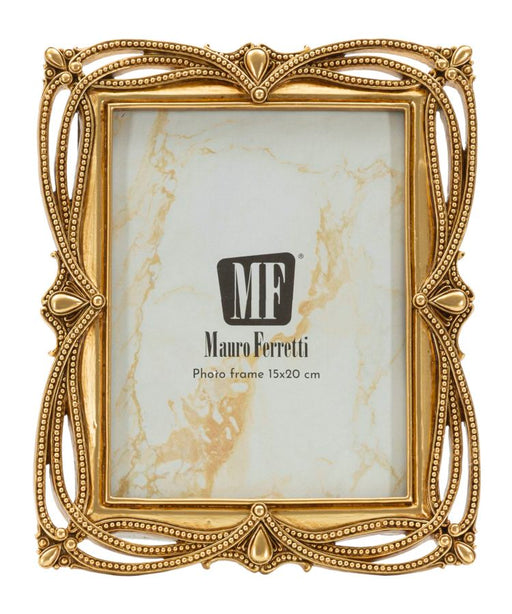 Fotocornice Cornice Line cm 21,8x1,6x26,8 elegante, finitura oro con dettagli in rilievo, misura interna 15x20 cm per foto verticali da tavolo.