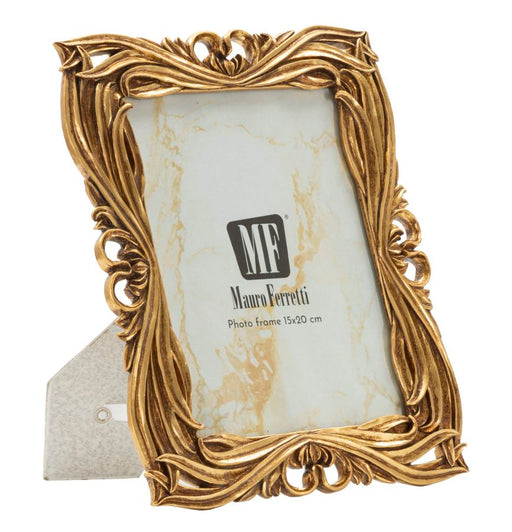 Cornice Baroque Cm 21,8X1,8X26,5 Misura Interna Cm 15X20 in stile barocco dorato con supporto da tavolo, ideale per foto eleganti.