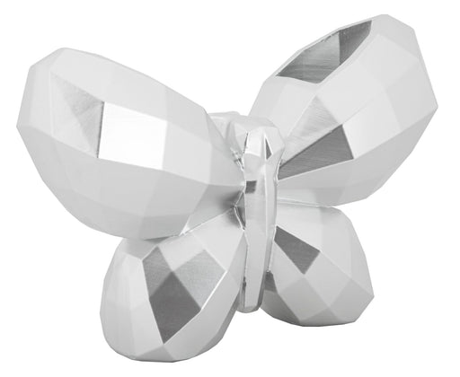 Vaso farfalla argentato in resina con finitura lucida e geometrica, perfetto per decorazioni d'interni di design unico.