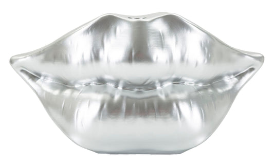 Vaso labbra argentato in resina da 23x8x12 cm, design moderno e originale per arredamento elegante e contemporaneo.